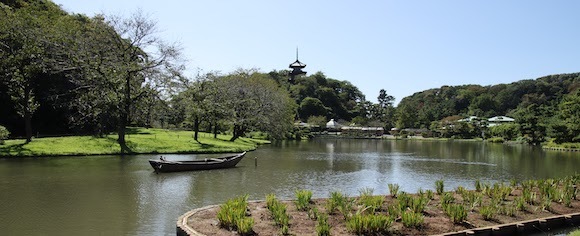 「三溪園」の大池からの五重塔